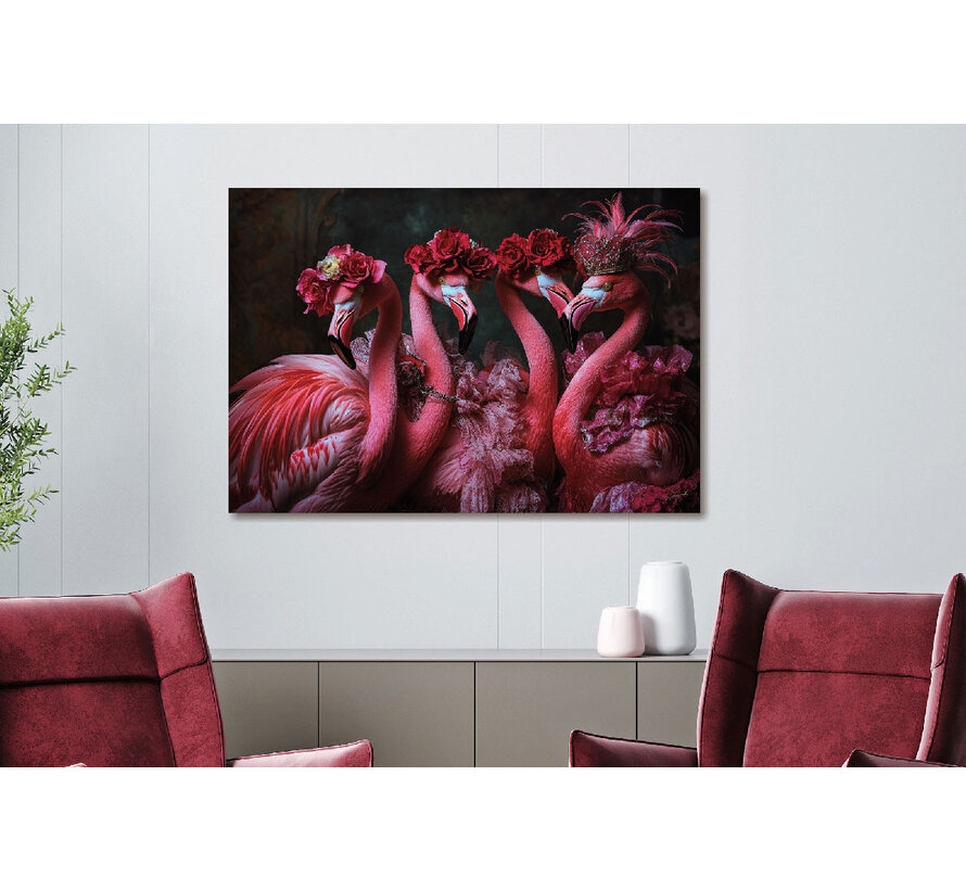 Glasschilderij 160x110cm Flamingos met bloemenkroon