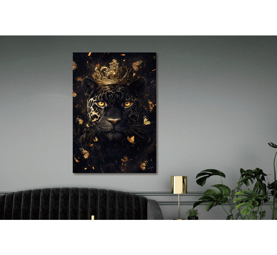 Glasschilderij 110x160cm Zwarte panter met kroon
