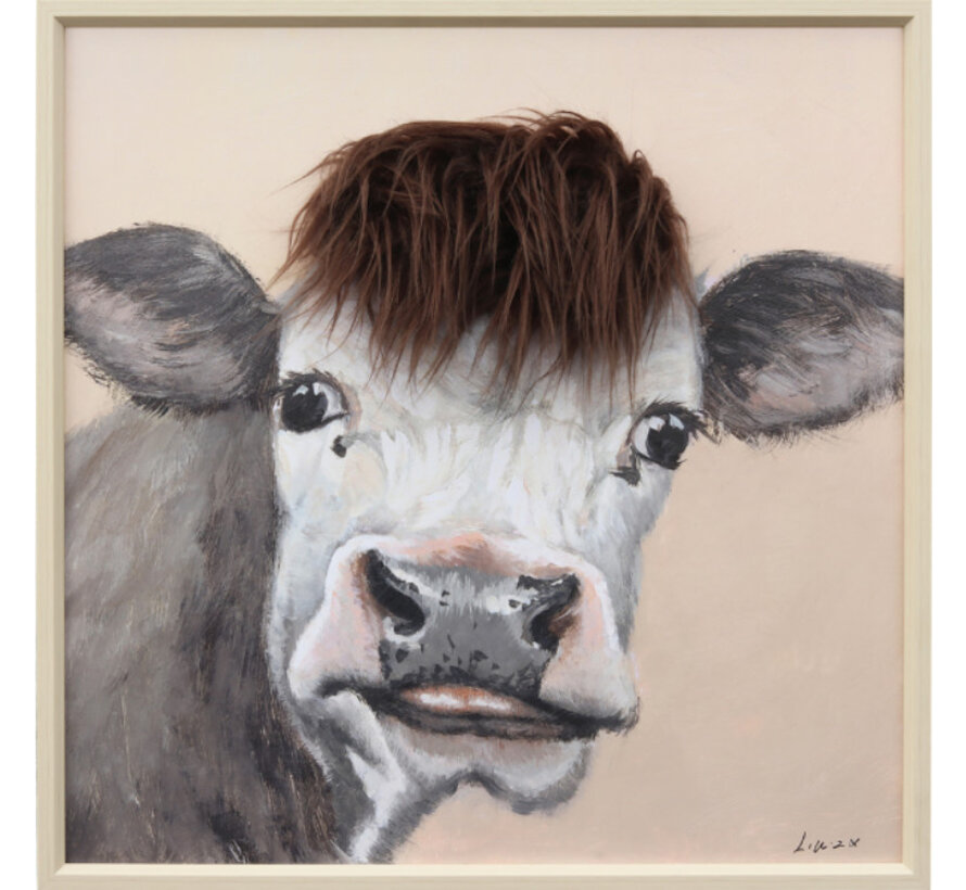 Ingelijst schilderij met imitatie bont 60x60cm Koe zwart