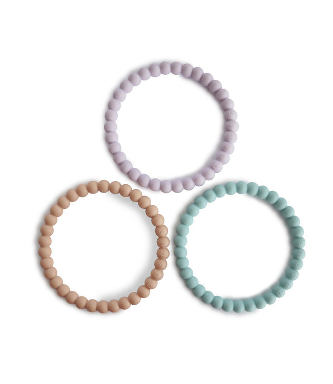 Mushie Silicone bijtring Parel armband (Lilac/Cyan/Soft Peach)