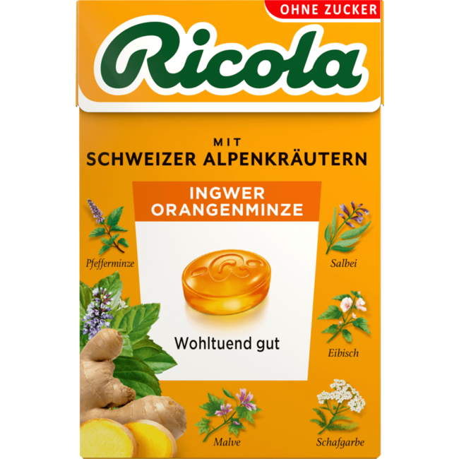 RICOLA Pocketbox Gember & Sinaasappel Munt Kruidenpastilles 50g