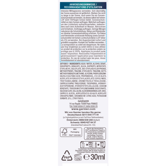 Garnier Ambre Solaire Zonnevloeistof Gezicht Onzichtbaar Serum Super UV, SPF 50+ 30 ml