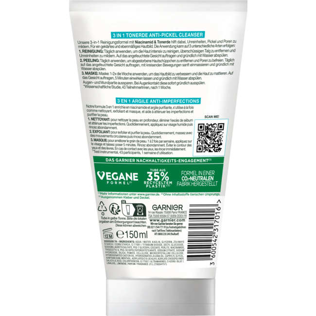 Garnier Skin Active Reinigingscrème Skin Clear 3in1 Klei 150 ml