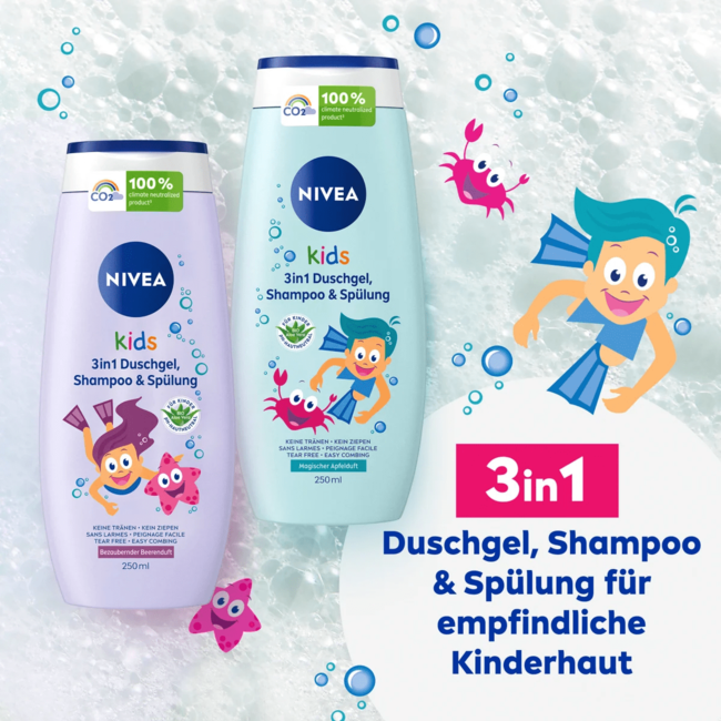 Nivea Kids Kinderen Douchegel & Shampoo & Spoeling 3in1 Bessengeur 250 ml