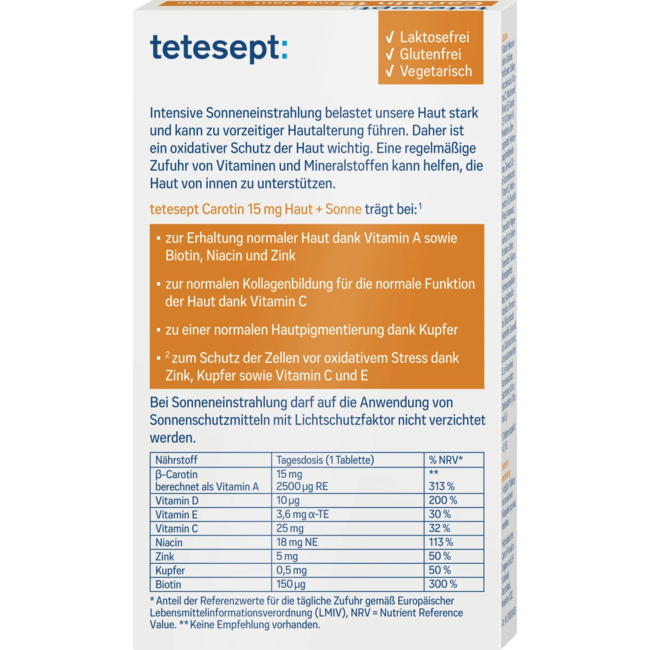 Tetesept Caroteen Huid + Zon Tabletten 30 St 15 g
