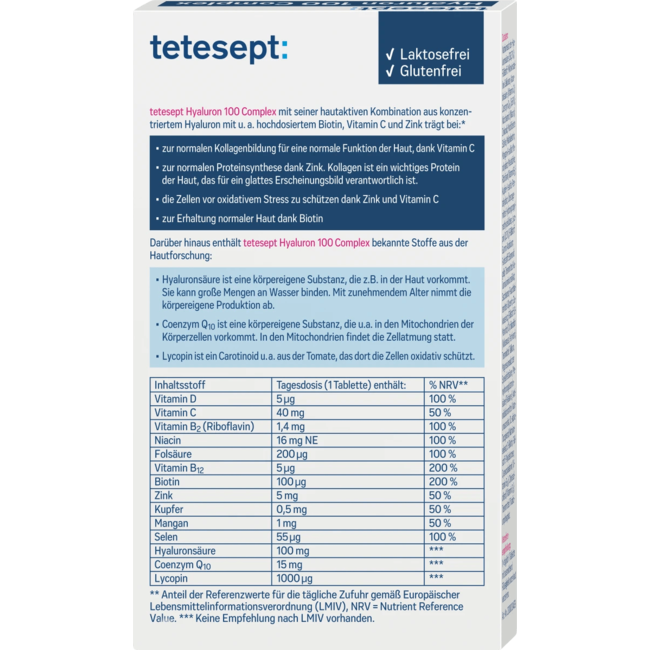 Tetesept Hyaluron 100 Complex Tabletten 30 Stuks 8 g