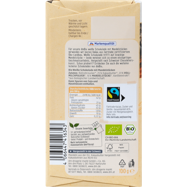 dmBio Witte Chocolade Met Amandelstukjes 100 g