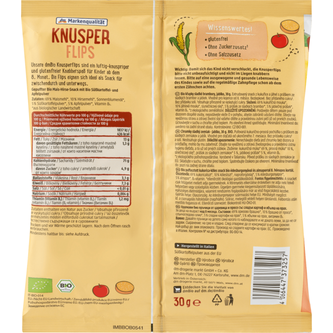 dmBio Babysnack Knapperige Flips Zoete Aardappel-Appel 30g