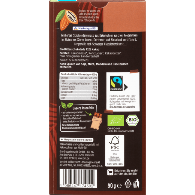 dmBio Chocoladereep Sierra Leone Fijn Bitter 80 g