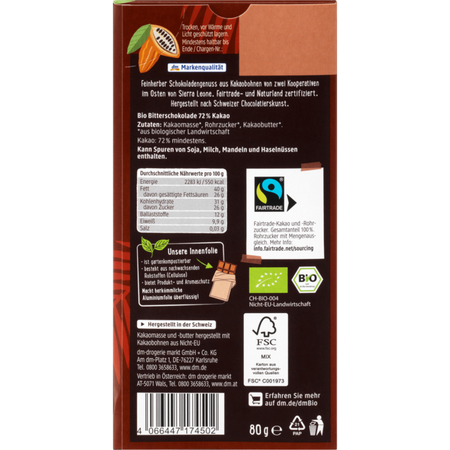 dmBio Chocoladereep Sierra Leone Fijn Bitter 80 g