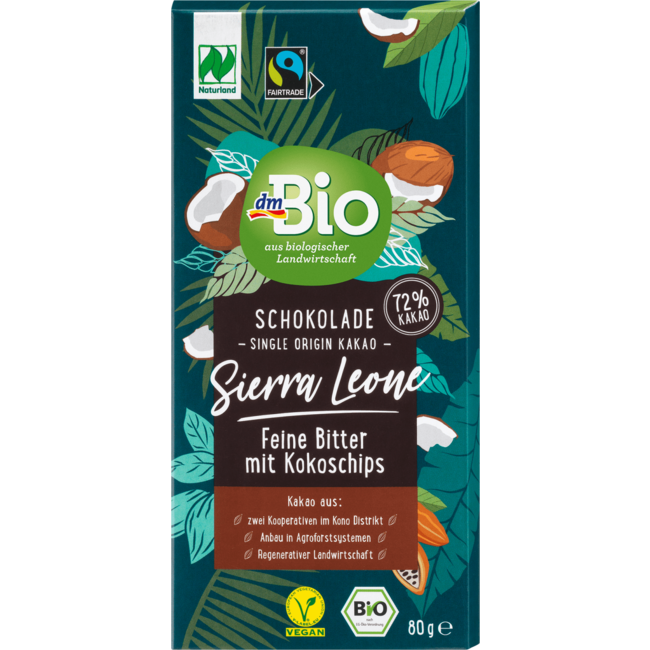 dmBio Chocoladereep Sierra Leone Fijn Bitter Kokoschips 80 g