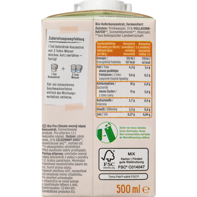 dmBio Haverdrank Concentraat 0,5 L Geeft 1,5 L