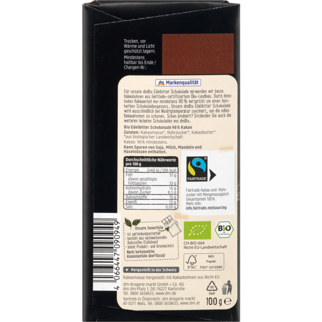 dmBio Chocoladereep Edelbitter 90% Cacao 100 g