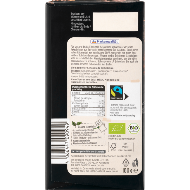 dmBio Chocoladereep Edelbitter 90% Cacao 100 g