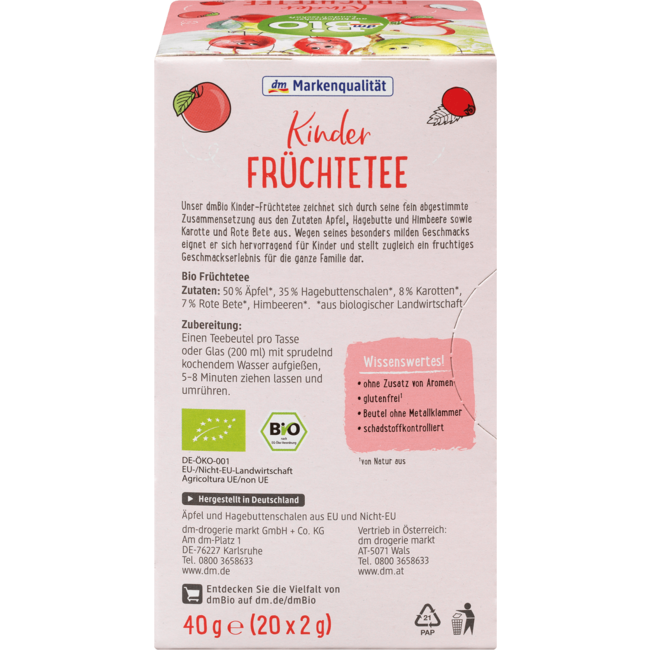 dmBio Kinder Vruchtenthee Met Appel & Rozenbottel (20 Zakjes) 40 g