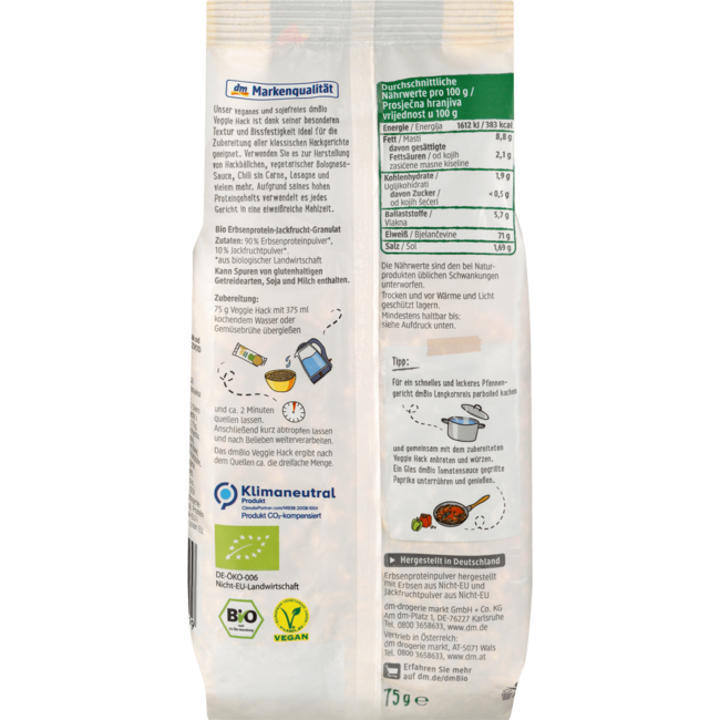 dmBio Veggie Hack Vegan Gehakt Alternatief Erwteneiwit & Jackfruit 75 g