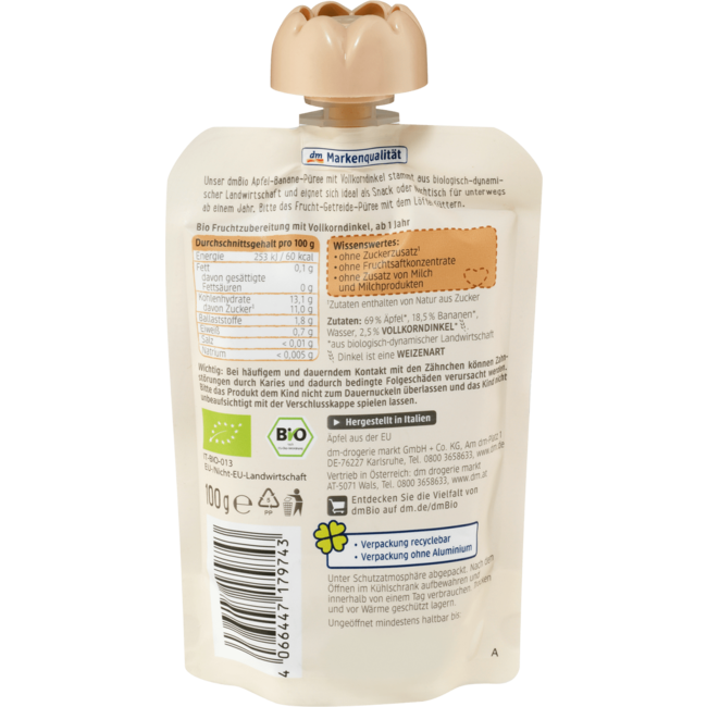 dmBio Knijpfruit Appel-banaan Met Spelt Vanaf 1 Jaar 100 g