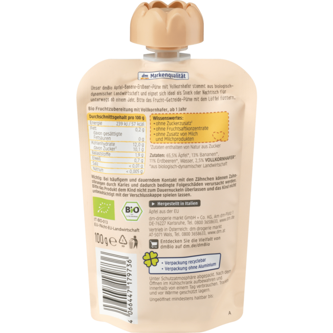 dmBio Knijpfruit Appel-Banaan-Aardbei Met Haver Vanaf 1 Jaar 100 g