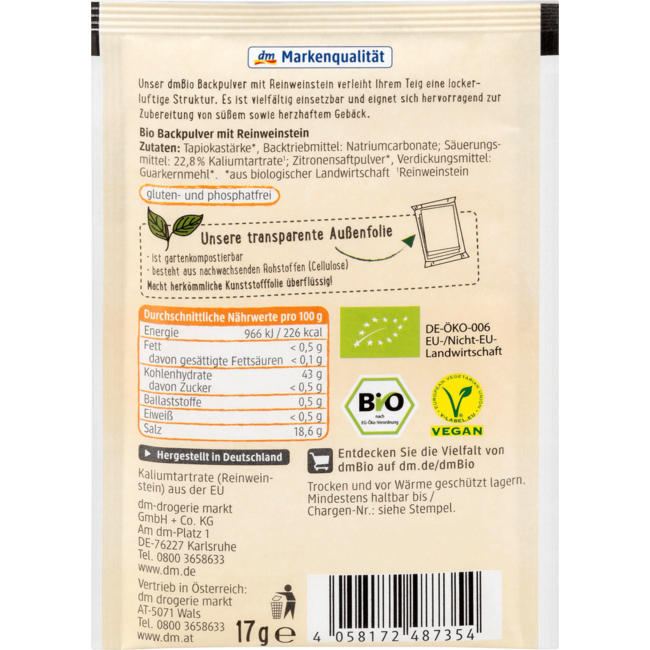 dmBio Bakpoeder Met Zuivere Wijnsteen 4x17g 68 g