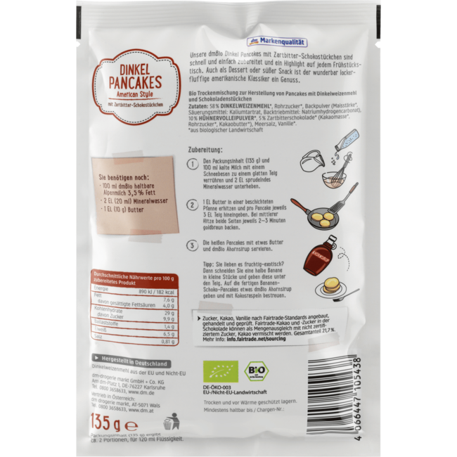 dmBio Bakmix Speltpannenkoeken American Style Met Stukjes Pure Chocolade 135 g