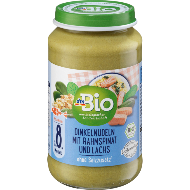 dmBio Menu Speltpasta Met Roomspinazie & Zalm V.a.  8e Maand 220g