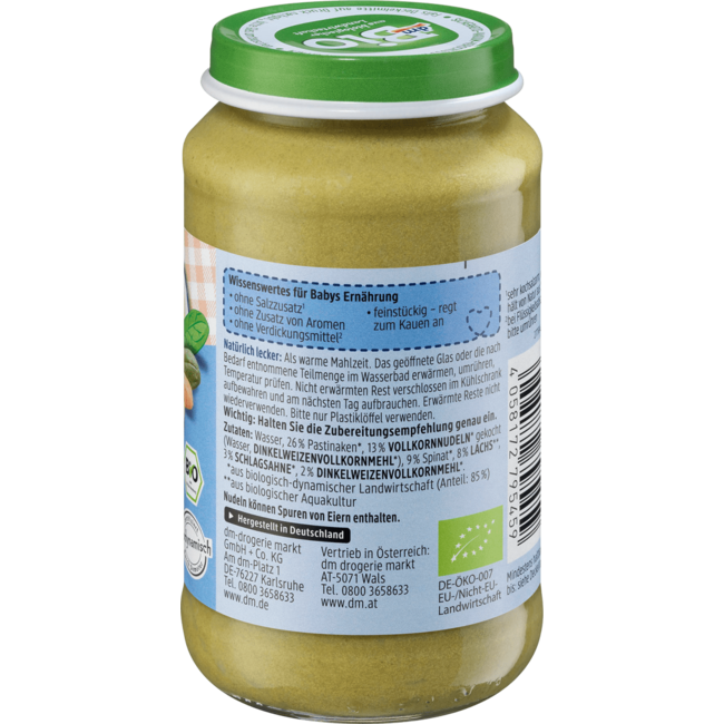 dmBio Menu Speltpasta Met Roomspinazie & Zalm V.a.  8e Maand 220g