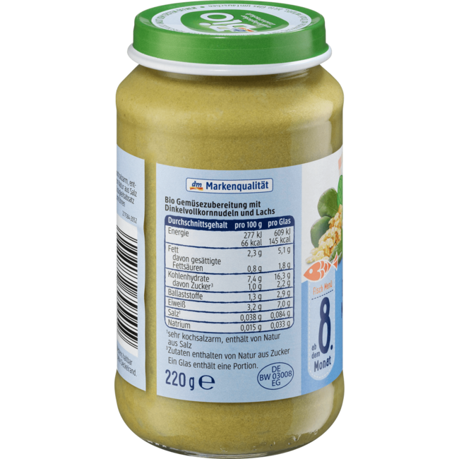 dmBio Menu Speltpasta Met Roomspinazie & Zalm V.a.  8e Maand 220g