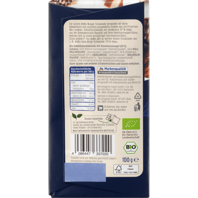 dmBio Nougat Chocoladereep Fijn-Romig 100 g