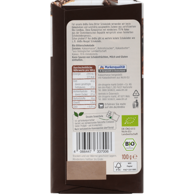 dmBio Fine Bitter Chocolade 70% Cacao 100g