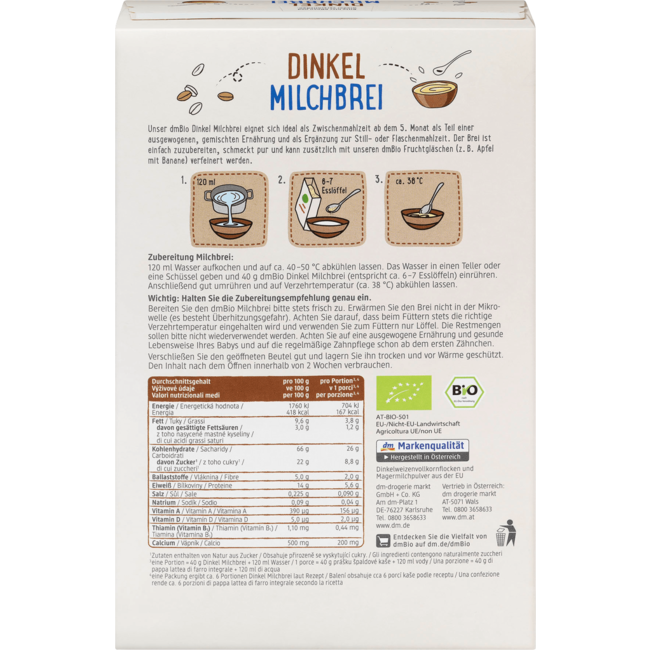 dmBio Spelt Avond Melkpap Vanaf 5 Maanden 250 g