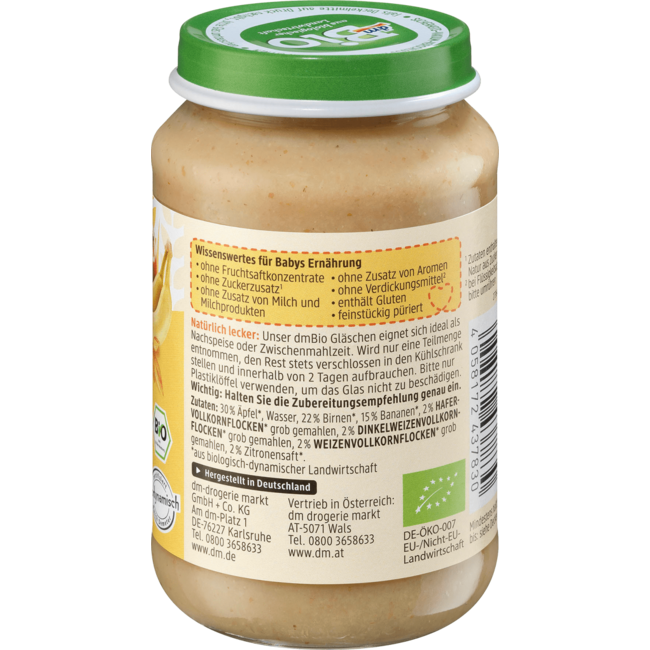dmBio Fruit & Granen Appel-Peer-Banaan Met Volkoren Vanaf 6 Maanden 190 g
