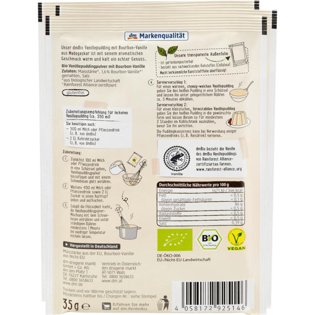 dmBio Vanillepudding Met Bourbon-vanille (3x35 G) 105 g