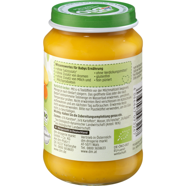 dmBio Groenten Wortel-Venkel Met Aardappelen Vanaf 5 Maanden 190 g