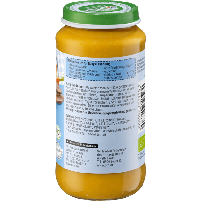 dmBio Menu Wortelen Met Zoete Aardappelen En Rund Vanaf 8 Maanden 250 g