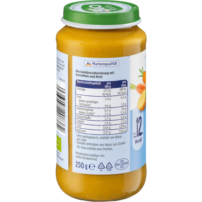 dmBio Menu Wortelen Met Zoete Aardappelen En Rund Vanaf 8 Maanden 250 g