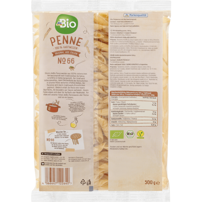 dmBio Durumtarwegriesmeel Pasta Penne No.66 500 g
