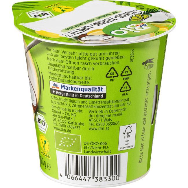 dmBio Kokos-Citroen Limoen Vegan Yoghurtalternatief 160 g