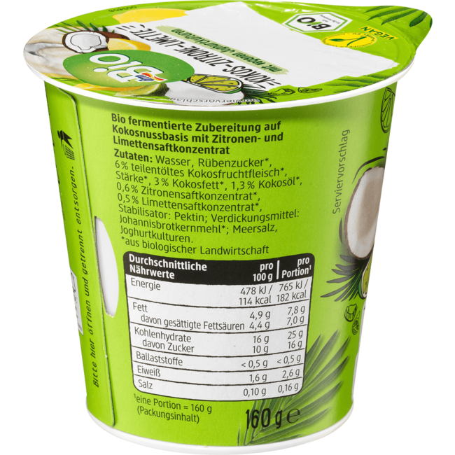 dmBio Kokos-Citroen Limoen Vegan Yoghurtalternatief 160 g