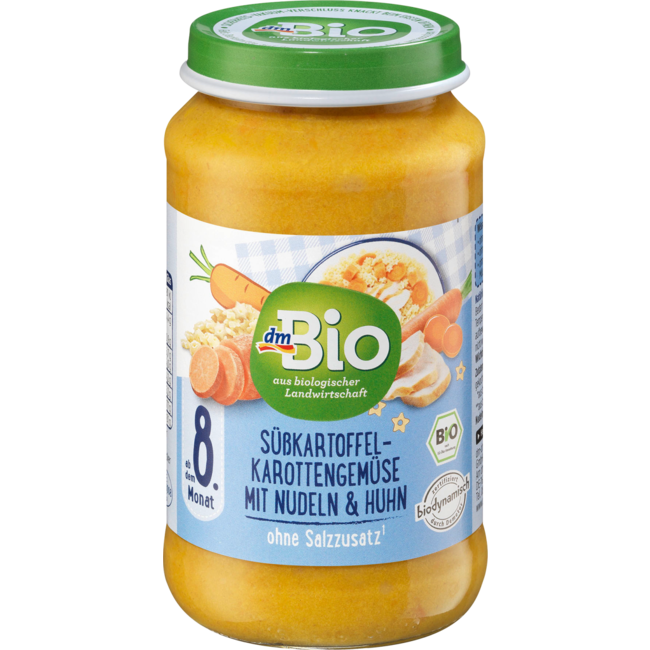 dmBio Menu Zoete Aardappel Wortelgroenten Met Pasta En Kip Vanaf 8 Maanden 220 g