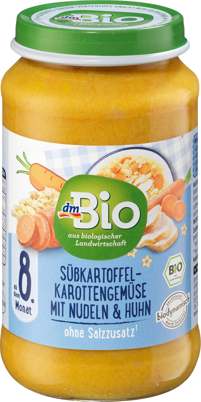 dmBio Menu Zoete Aardappel Wortelgroenten Met Pasta En Kip - Duitse ...