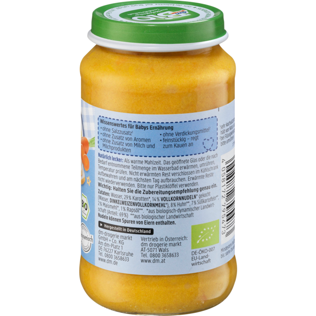 dmBio Menu Zoete Aardappel Wortelgroenten Met Pasta En Kip Vanaf 8 Maanden 220 g