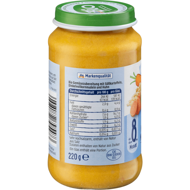 dmBio Menu Zoete Aardappel Wortelgroenten Met Pasta En Kip Vanaf 8 Maanden 220 g