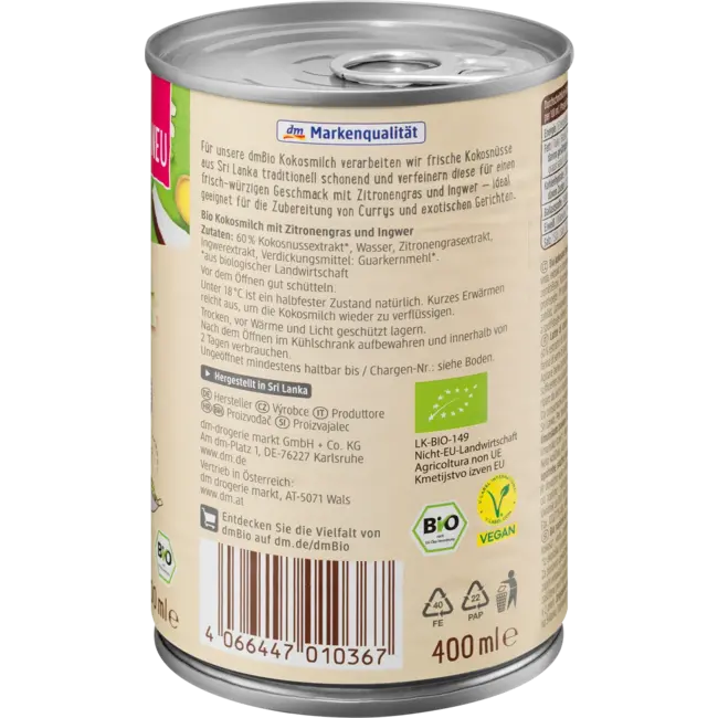 dmBio Kokosmelk Citroengras & Gember 400 ml