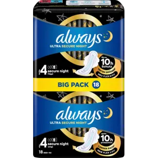 always always Ultra Maandverband Secure Night 4 Met Vleugels Bigpack 18st