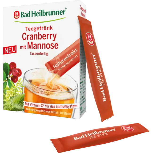 Bad Heilbrunner Vruchtenthee Cranberry Met Mannose Sticks (10 Stuks) 12 g