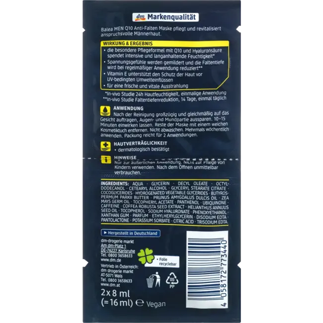 Balea MEN Anti-rimpel Gezichtsmasker Q10 (2x8 Ml) 16 ml