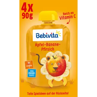 Bebivita Bebivita Quetsch Kinderpret Appel-banaan-perzik Vanaf 1 Jaar (4x90 G)