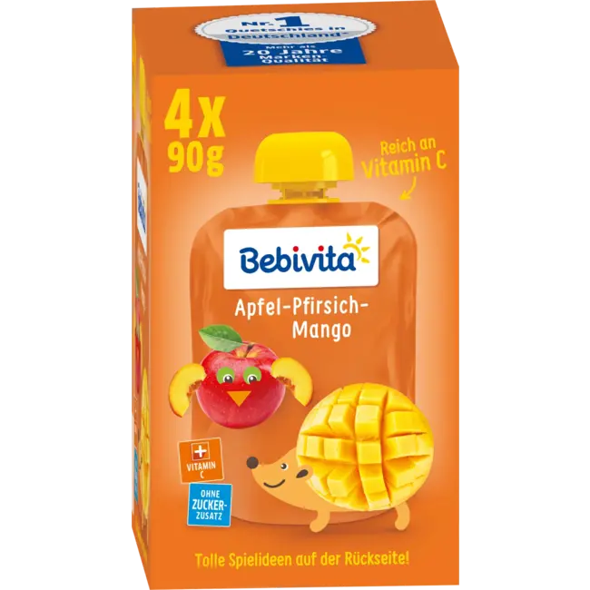 Bebivita Quetschie Kinderpret Appel-perzik-mango Vanaf 1 Jaar (4x90 G) 360 g