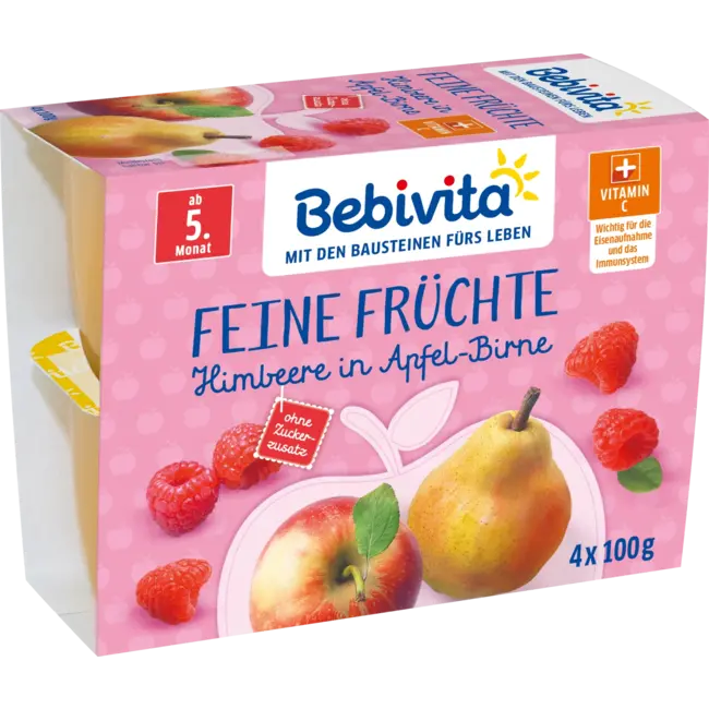 Bebivita Vruchten Fijn Fruit Framboos In Appel-peer, Vanaf De 5e Maand (4x100 G) 0.4 kg