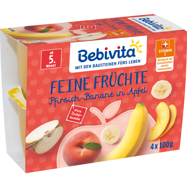Bebivita Vruchten Fijn Fruit Perzik Banaan In Appel Na De 4e Maand (4x100 G) 0.4 kg